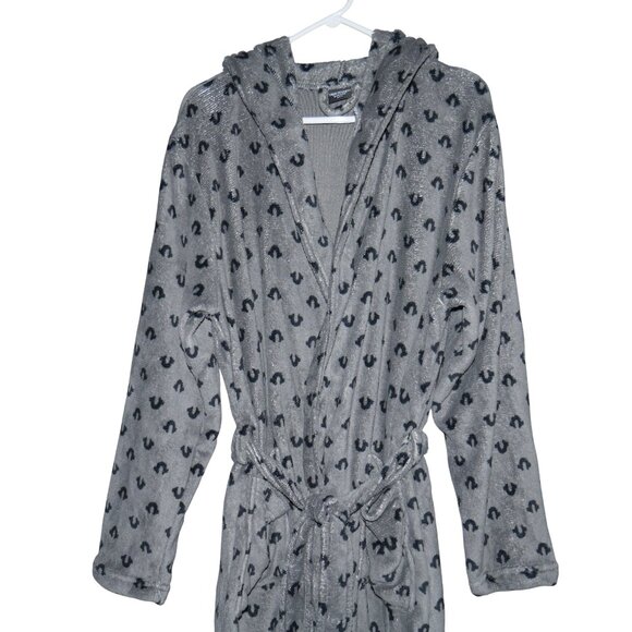 True Religion Men's Plush Robe Pockets Charcoal Monogram Christmas Gift Him NWT - Picture 2 of 11